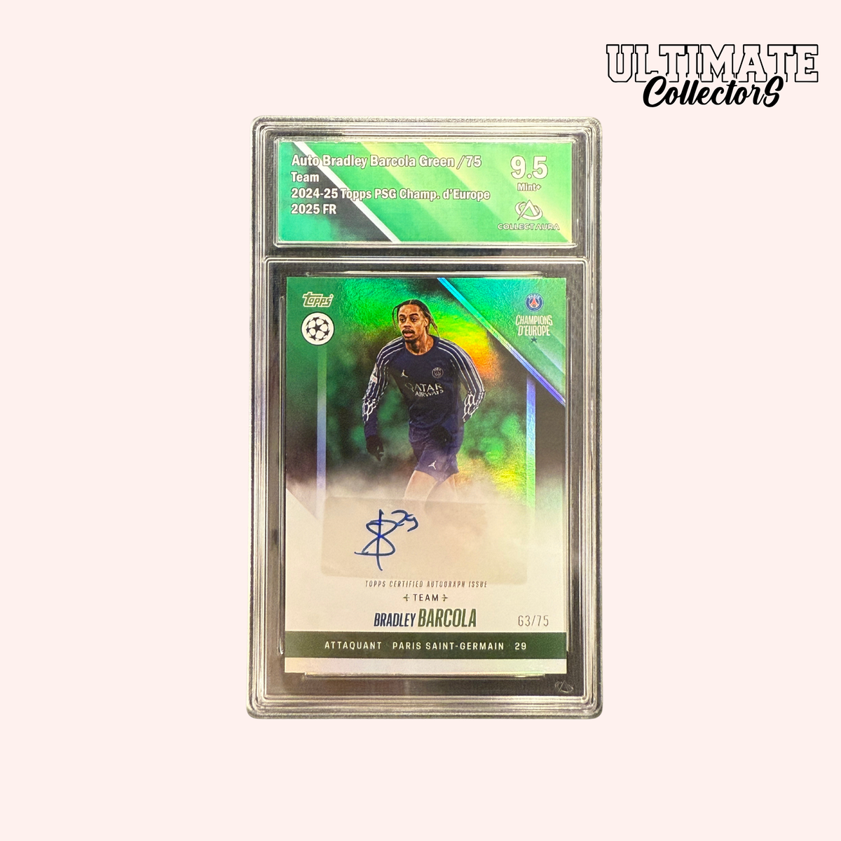 Carte Gradée Topps - PSG Champions d'Europe 2025 - Bradley Barcola - /75 Auto