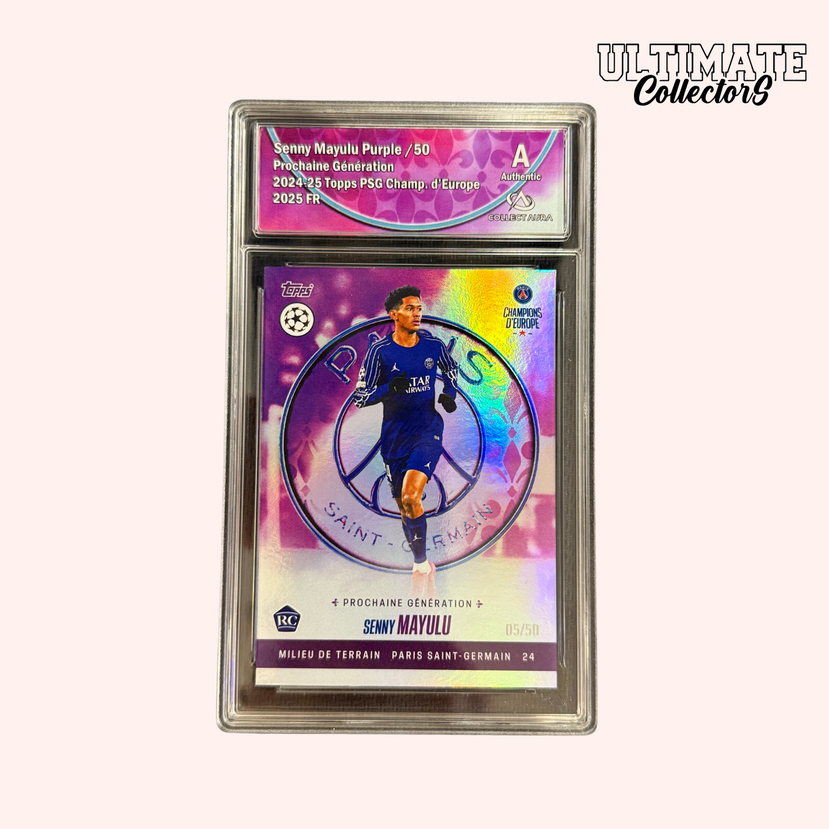 Carte Gradée Topps - PSG Champions d'Europe 2025 - Senny Mayulu - RC - Numérotée