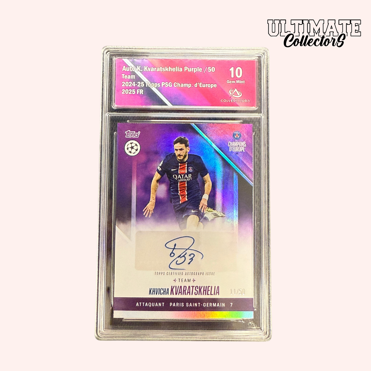 Carte Gradée Topps - PSG Champions d'Europe 2025 - Kvaratskhelia - Auto - /50